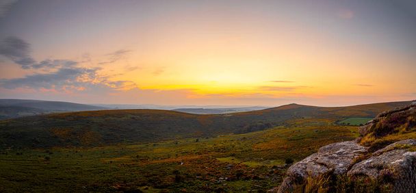 Sunset view of Dartmoor National Park, a vast moorland in the county of Devon, in southwest England, UK - Photo, Image