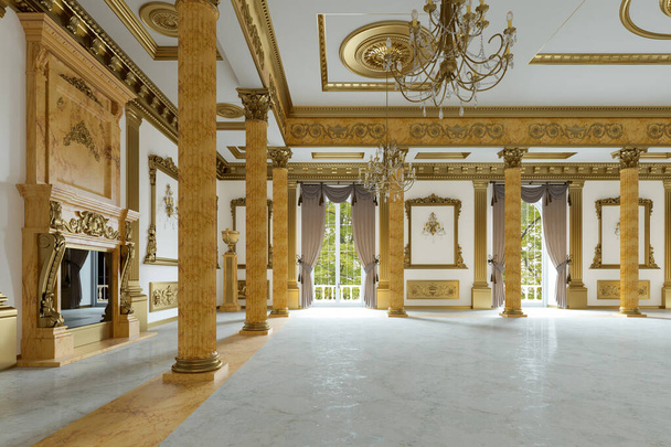 De balzaal en het restaurant in klassieke stijl. 3D-weergave. 3d afbeelding - Foto, afbeelding