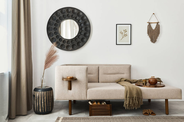 Modern ethnic living room interior with design chaise lounge, round mirror, furniture, carpet, decoration, stool and elegant personal accessories. Template. Stylish home decor. - Photo, image