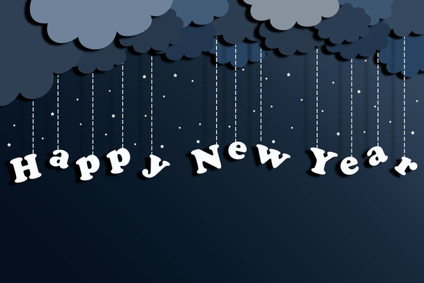 Šťastný Nový rok papírové přání na pozdrav. Mraky a hvězdy na tmavomodrém pozadí - Fotografie, Obrázek