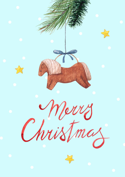 Tarjeta de Navidad festiva con acuarela pintada a mano juguete árbol de Navidad en forma de caballo - Foto, imagen