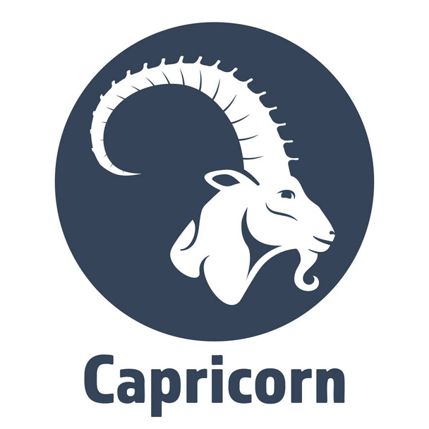 signo do zodíaco preto Capricórnio retratando uma cabeça de cabra com chifre enorme em um círculo. Vista lateral. Ilustração de um signo de astrologia. Ícone de design plano vetorial de uma cabra de montanha - Vetor, Imagem