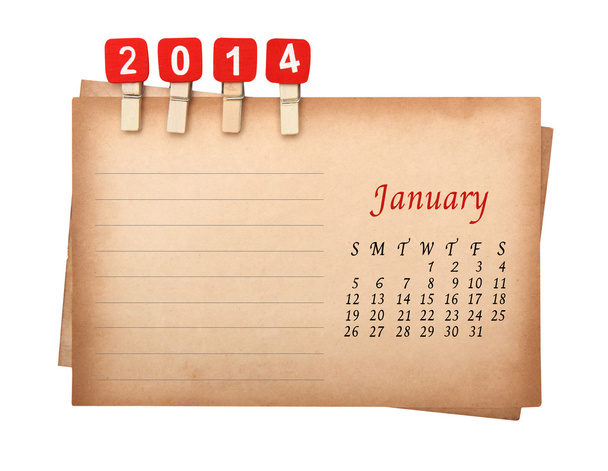 Calendario 2014 en el papel viejo con clavijas de madera
 - Foto, Imagen