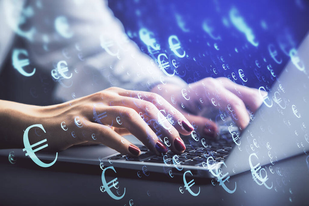 Double exposure of businesswoman hands typing on computer and forex chart hologram drawing. Financial analysis concept. - Φωτογραφία, εικόνα