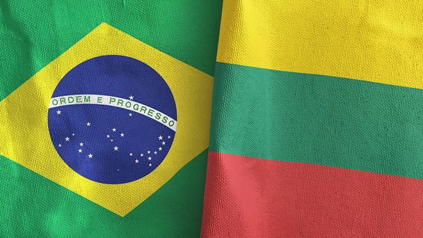 Lituânia e Brasil duas bandeiras de pano têxtil renderização 3D - Foto, Imagem