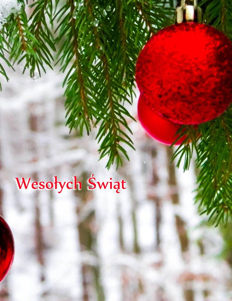 Bolas de Navidad en el árbol. En Navidad. Copia espacio y Feliz Navidad en idioma polaco - Wesolych Swiat texto. Tarjeta de felicitaciones navideñas. - Foto, imagen