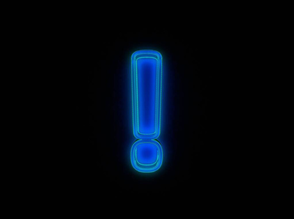 Blue - green neon light glow reflective clear alphabet - exclamation point isolated on black dark, 3D illustration of symbols - Fotoğraf, Görsel