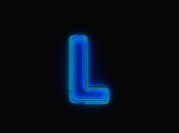 Сине-зеленое неоновое светящееся стекло с четким шрифтом - буква L на черном темном, 3D иллюстрация сиол - Фото, изображение
