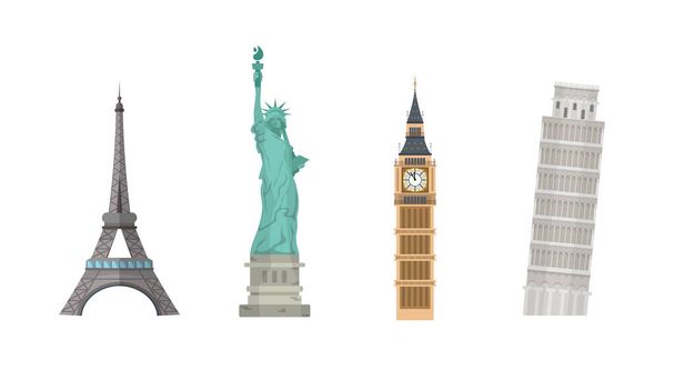 Σύνολο παγκόσμιων ορόσημων που απομονώνονται σε λευκό φόντο. Πύργος του Άιφελ, Άγαλμα της Ελευθερίας, Πύργος της Πίζας και του Μπιγκ Μπεν. - Διάνυσμα, εικόνα
