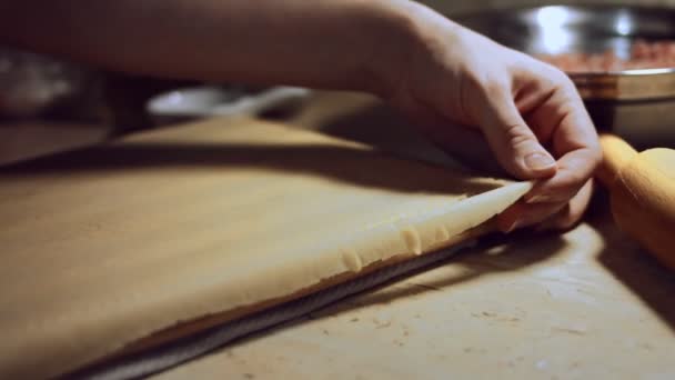 La mano de mujer separa el borde de corte de la masa después de usar el cortador de rueda de ravioles. Proceso de preparación de ravioles en casa. 4K video, primer plano - Imágenes, Vídeo