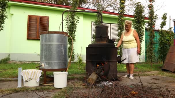 Woman is manually turning lever to mix fruit marc in boiler of homemade distillery made of copper, making moonshine schnapps, alcoholic beverages such as brandy, cognac, whiskey, bourbon, gin, scotch. - Footage, Video
