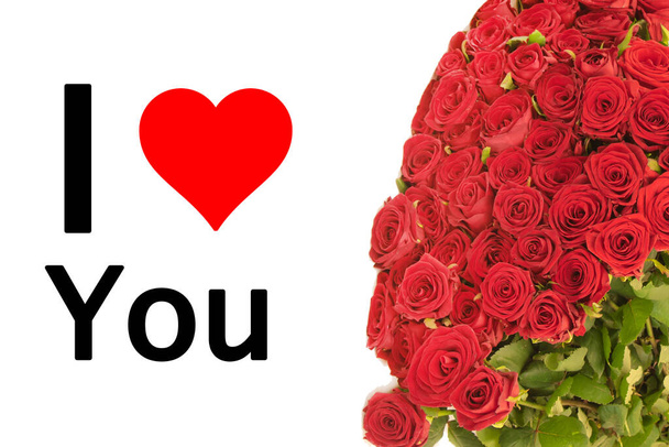 I love you Valentines Day concept, Heard and roses on white background - Photo, Image