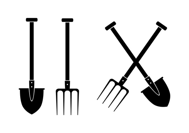 Лопата и вилы на белом фоне
 - Вектор,изображение