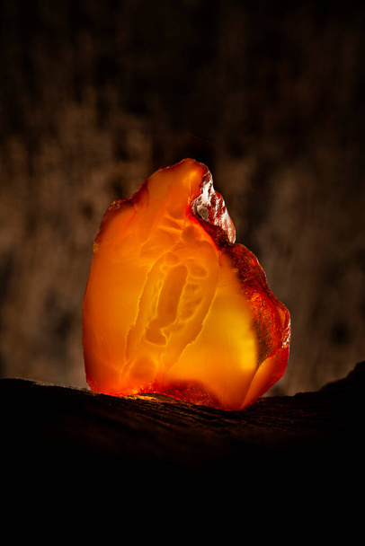 Beauté de l'ambre brut naturel. Un morceau d'ambre naturel jaune opaque sur un gros morceau de bois foncé lapidé. - Photo, image