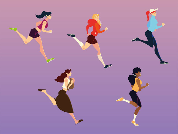 running women performing sports and others activities - Vector, Image