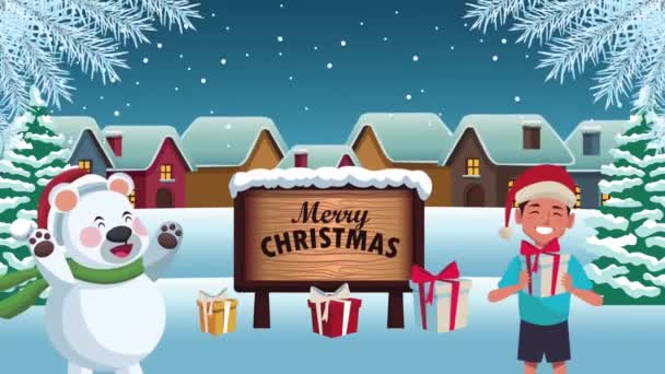 Veselé Vánoce veselé nápisy v dřevěném štítku s mladým chlapcem a lední medvěd - Záběry, video