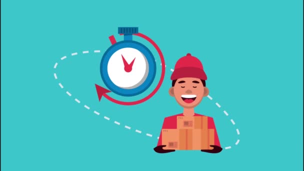service logistique de livraison avec boîte de levage des travailleurs et chronomètre - Séquence, vidéo