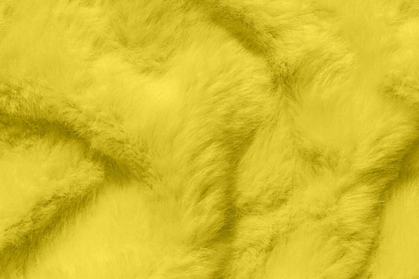 Fur texture in colors of the year 2021 illuminating yellow and the ultimate gray. Fluffy fabric coat background. Winter fashion trends flat lay, female blog backdrop. Abstract textile surface. - Photo, Image