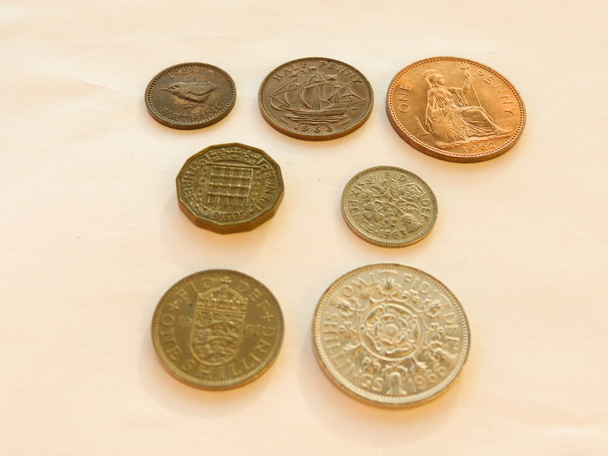 Pre-decimal GBP British Pounds coins (currency of United Kingdom), in use before the Decimal -Day (15 February 1971) - farthing, half-penny, penny, three-pence, six-pence, shilling, two shillings - Photo, Image