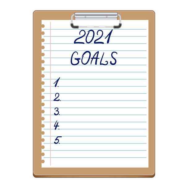 Tablet με λευκό φύλλο και 2021 Στόχοι που γράφονται. Σχεδιασμός, κίνητρο για το νέο έτος 2021. Πρόχειρο με κλιπ. Δουλειές, σχέδια, στόχοι. Χειρόγραφα γράμματα. Εικονογράφηση διανύσματος. - Διάνυσμα, εικόνα