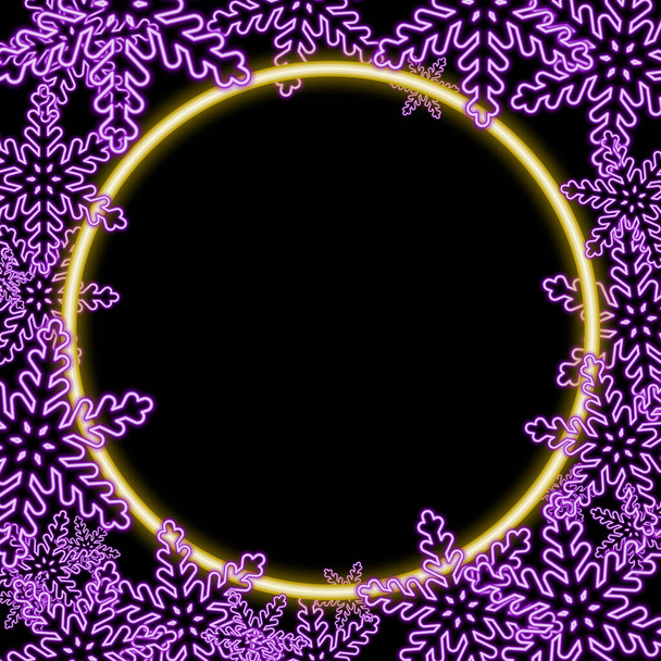 Neon purple glowing snowflakes on a dark background. Frame. Festive banner, poster eps10 - Вектор,изображение