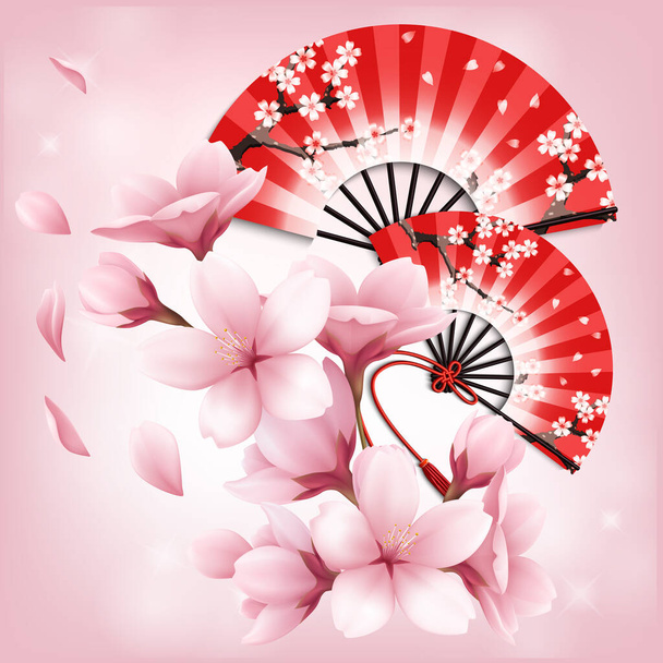 Pembe vektör illüstrasyonunda sakura çiçekli gerçekçi Japon yelpazesi. - Vektör, Görsel