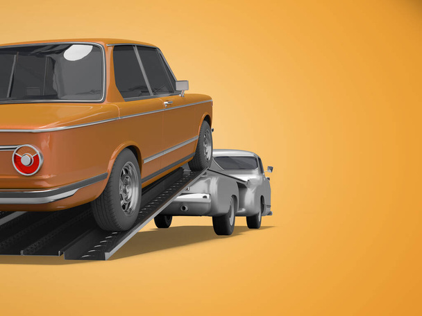 3D vykreslování koncept nakládání auta na tahač izolované zadní pohled na oranžové pozadí se stínem - Fotografie, Obrázek