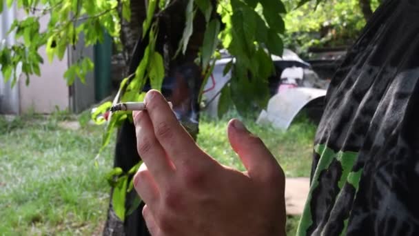 Крупним планом куріння сигарети в чоловічих пальцях на задньому дворі
 - Кадри, відео