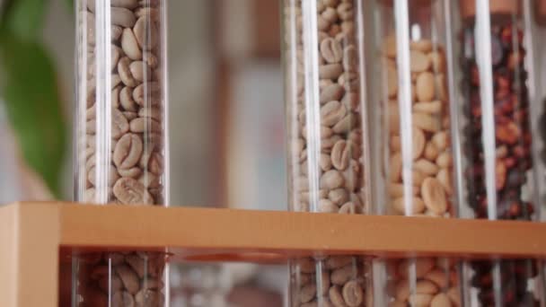 Extreme Nahaufnahme verschiedener Kaffeesorten von weiß bis braun in dekorativen Glasröhren auf Holzständern - Filmmaterial, Video