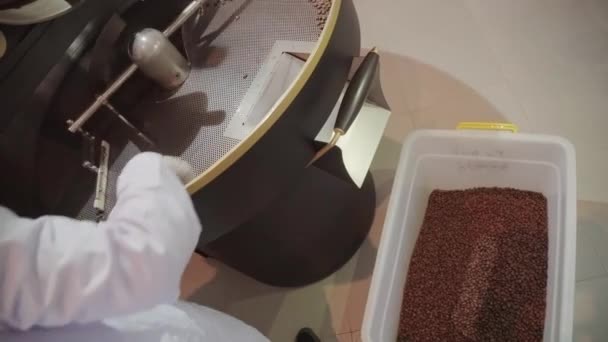 Vista superior de la máquina proceso terminado de tostado granos de café que yacen en un enorme contenedor de plástico y trabajador de la fábrica de apagar el equipo - Metraje, vídeo