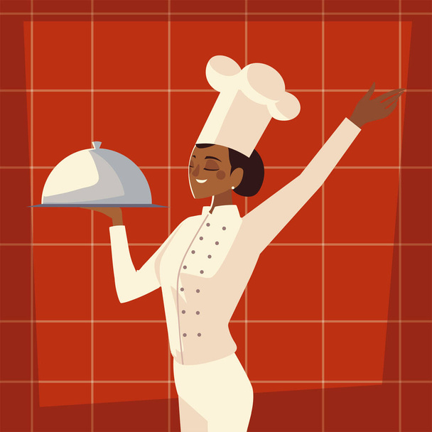 chef femenino con servicio de plato trabajador restaurante profesional - Vector, Imagen