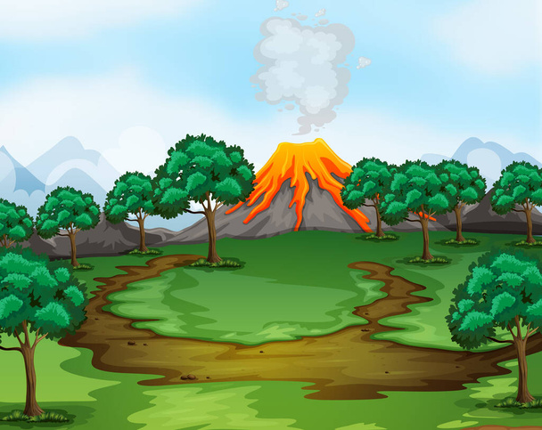 Erupção vulcânica cena ao ar livre fundo ilustração - Vetor, Imagem