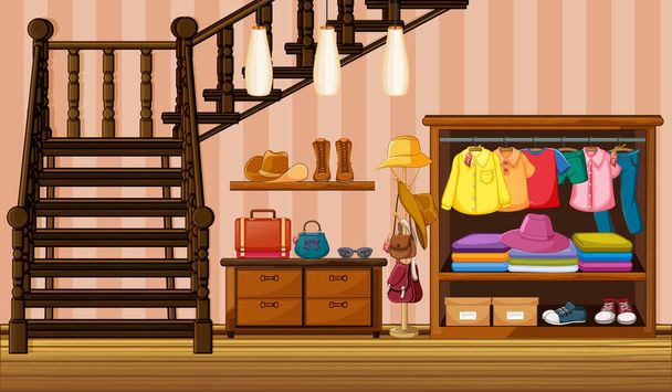 Clothes hanging in wardrobe with many accessories in the house scene illustration - Vector, Image