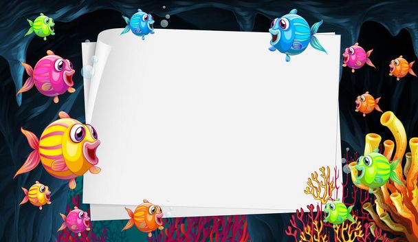 水中シーンのイラストでエキゾチックな魚の漫画のキャラクターとブランクペーパーテンプレート - ベクター画像