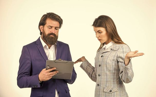 how is it possible. woman and man do business. businessman consulting with colleague. make analysis of new strategy. boss and employee work with documents. secretary hold folder. modern office life - 写真・画像
