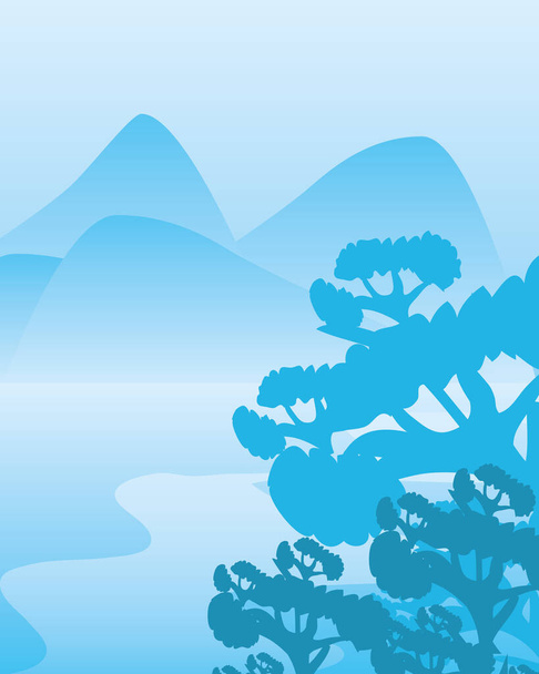 горный речной пейзаж с облачным небом и силуэтом деревьев - Вектор,изображение