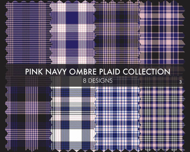 Pink Navy Ombre Plaid textured seamless pattern collection includes 8 design swatches suitable for fashion textiles and graphics - Vector, Image