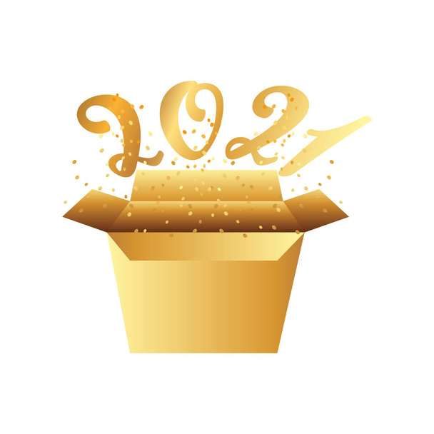happy new year golden number coming out of cardboard box and confetti - Vector, Image