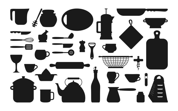 Panelas utensílios de cozinha silhueta preta conjunto vetor - Vetor, Imagem