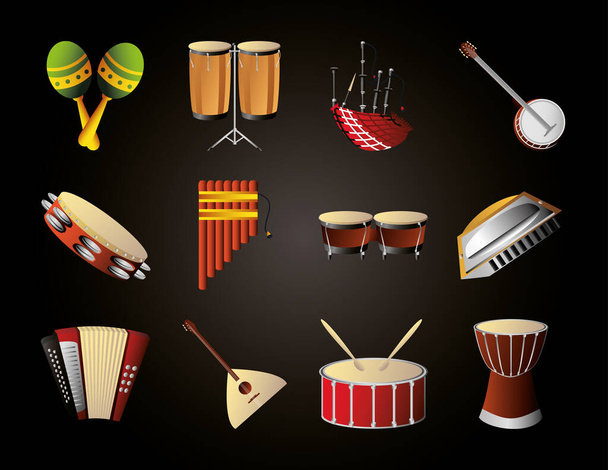 Set verschiedener Musikinstrumente wie Akkordeon Maracas Trommeln Banjo - Vektor, Bild