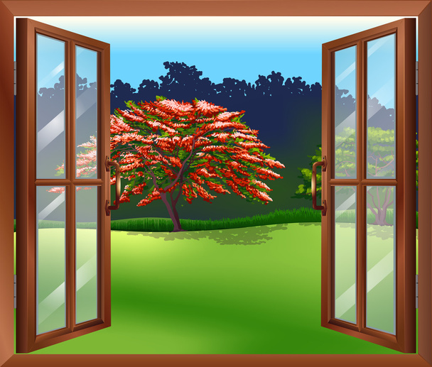 An open window with a view of the big tree - Vector, Image