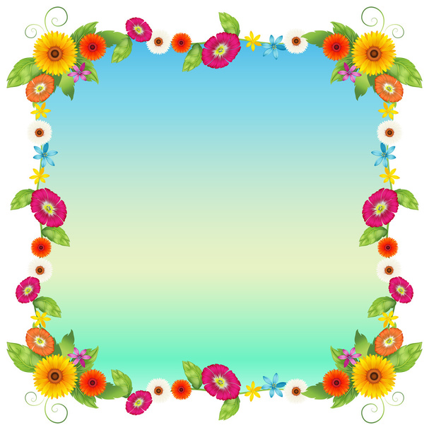 An empty blue template with colourful flowers - Vetor, Imagem