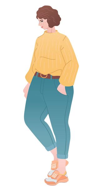 Bella ragazza curvy in maglione e jeans mamma, schizzo di moda del look moderno - Vettoriali, immagini