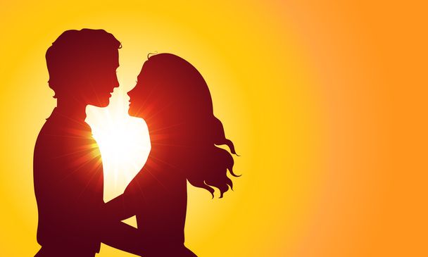 Sunset silhouettes of kissing couple - Vector, Imagen