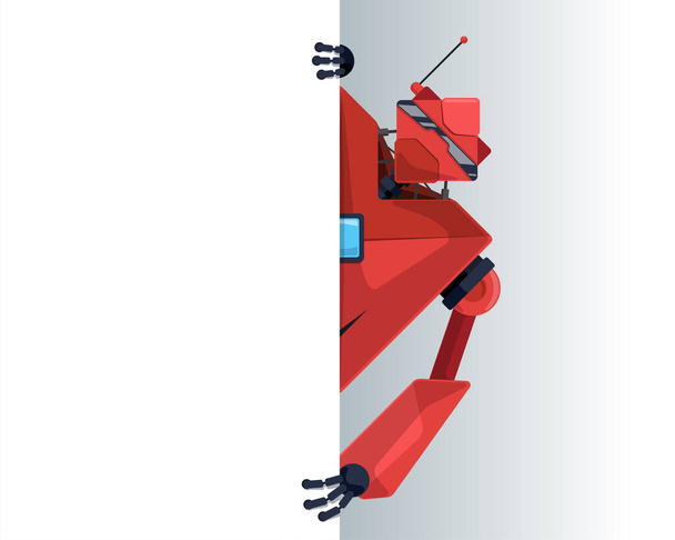 Cute robot peeks look out behind corner blank poster space for text. Cyborg character holding empty white board for presentation. Robotic information banner mockup interface vector illustration - Vetor, Imagem