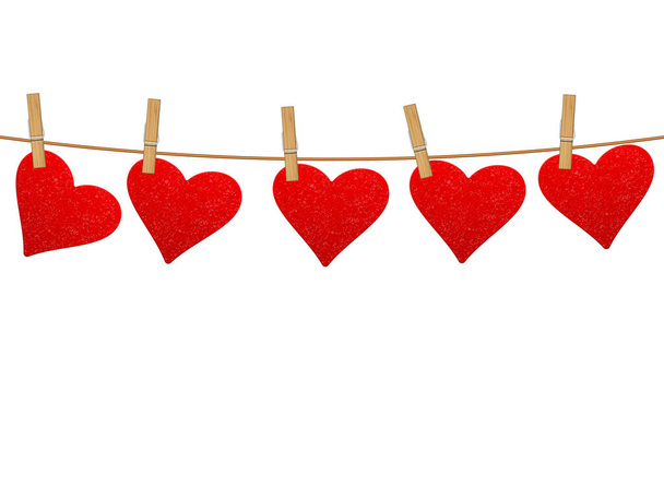 Hearts hanging on clothesline. Vector illustration. - Vector, imagen