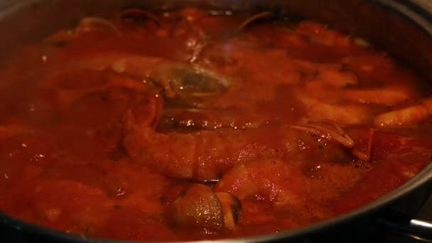 Fischsuppe mit Meeresfrüchten kochen - Filmmaterial, Video
