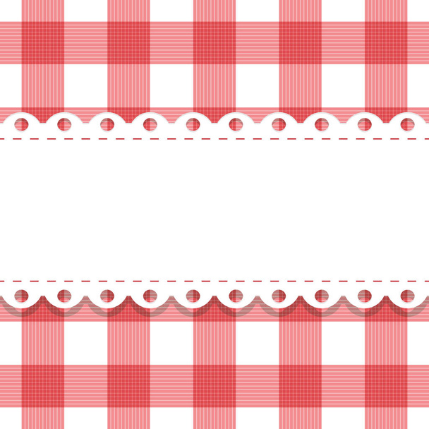 vector seamless plaid, checkered pattern with lacy doily. gingham background and frame with scallop border endless template. red white fabric texture. Vintage picnic tablecloth.italian kitchen print - Vector, Image