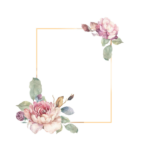 Wedding Invitation, pink flowers with leaves and floral invite card, bouwuet with geometric golden frame print. White background - Φωτογραφία, εικόνα