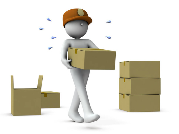 A courier who carries cardboard boxes hard. White background. 3D rendering. - Photo, Image